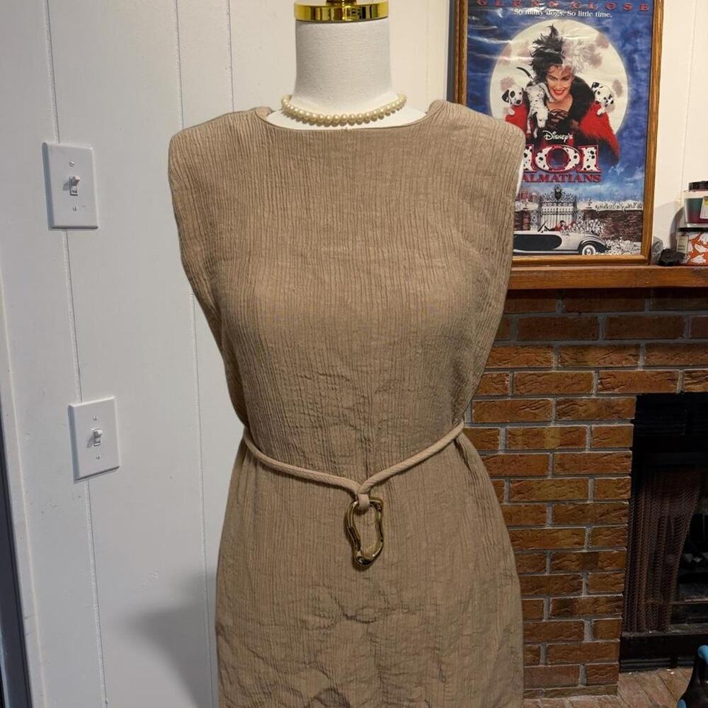Zara tan & cream mini sleeveless dress with gold belt, size large
